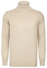Sudadera de cuello alto beige, tejido de punto, con cuello y puños acanalados, mangas largas, corte regular, diseño sencillo sin patrones ni acentos.