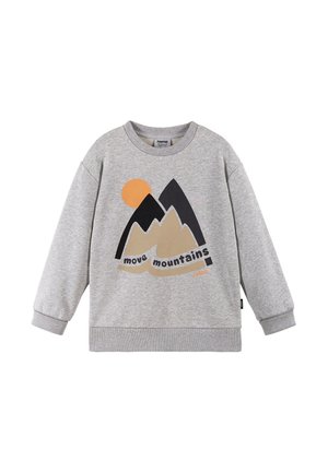 Lysegrå sweatshirt med lange ærmer med grafik af et bjerg og en sol samt teksten "move mountains" trykt på forsiden.