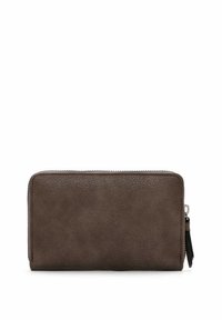 Brown leather wallet with a textured finish, zip closure, and a small black zipper pull accent. Rectangular shape, minimal design.