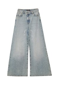 Jeans a gamba larga di un blu chiaro realizzati in denim, con vita alta, chiusura a bottoni e cerniera e una leggera scoloritura sulla parte anteriore.