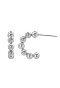 Orecchini a cerchio in argento con una serie di perle tonde lucide disposte in un design lineare, dotati di chiusura a perno per un'indossabilità sicura.
