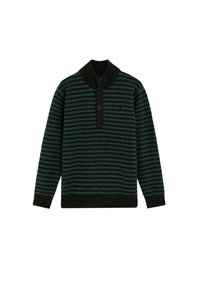 Jersey a rayas negras y verdes con cuello alto, con cuatro botones para cerrar, hecho de un material suave y texturizado.