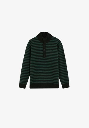 Czarny i zielony sweter w paski z wysokim kołnierzem, z czterema guzikami do zapięcia, wykonany z miękkiego, teksturowanego materiału.