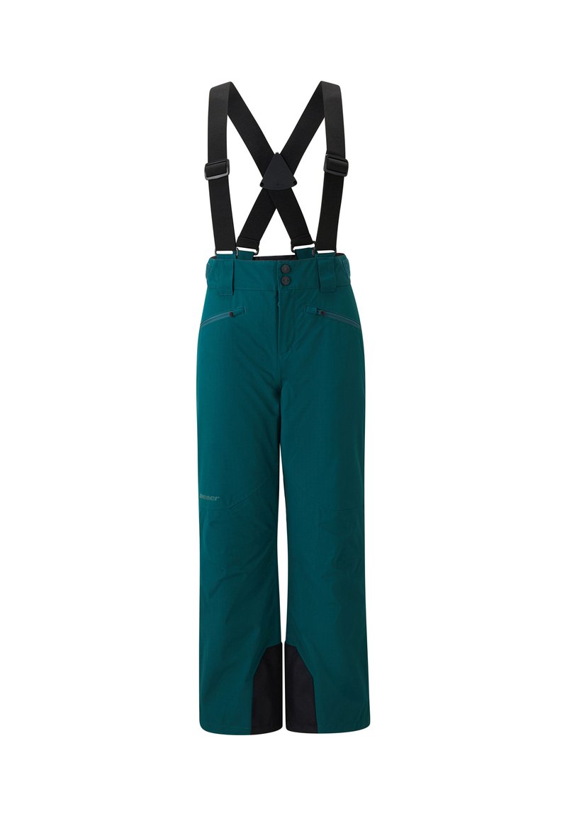 Pantalons de neige teal avec bretelles noires ajustables, deux poches avant zippées, bas renforcés noirs et une coupe décontractée pour plus de liberté de mouvement.