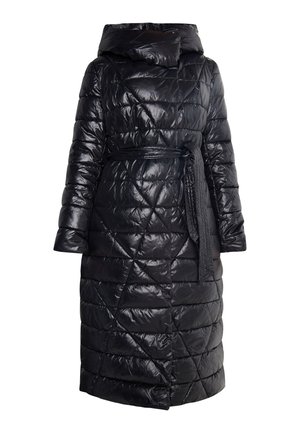 Zwarte pufferjas met een glanzende afwerking, voorzien van een capuchon, ceintuur in de taille en een ruitpatroon. Lange mouwen en een knielange stijl.