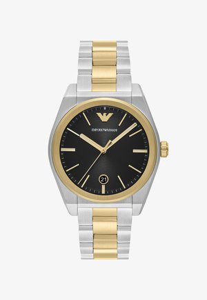 Edelstahlarmbanduhr mit einem Farbdesign aus Silber und Gold, rundem schwarzen Zifferblatt, goldenen Akzenten und Datumsanzeige auf 6 Uhr.