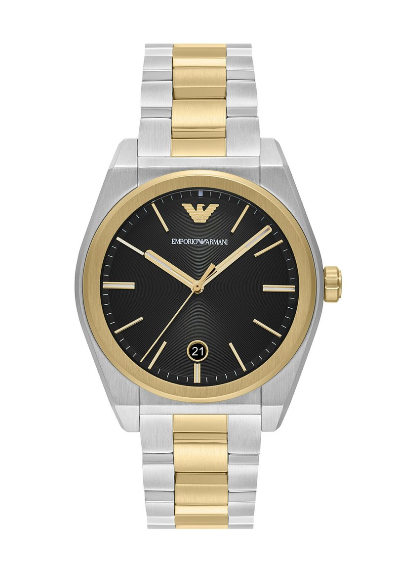 Edelstahlarmbanduhr mit einem Farbdesign aus Silber und Gold, rundem schwarzen Zifferblatt, goldenen Akzenten und Datumsanzeige auf 6 Uhr.