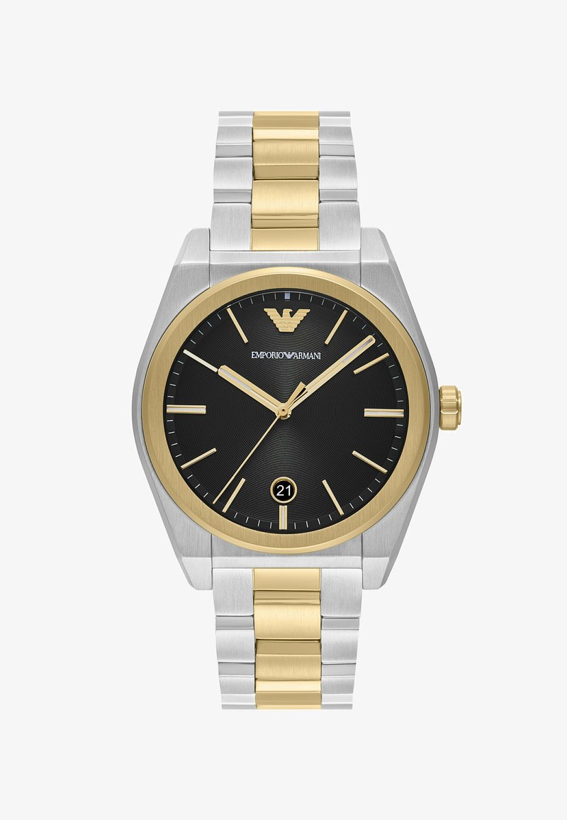 Edelstahlarmbanduhr mit einem Farbdesign aus Silber und Gold, rundem schwarzen Zifferblatt, goldenen Akzenten und Datumsanzeige auf 6 Uhr.