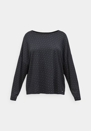 Haut noir à manches longues avec un motif texturé de petits diamants gris, décolleté large et coupe décontractée. Tissu doux avec un léger éclat.