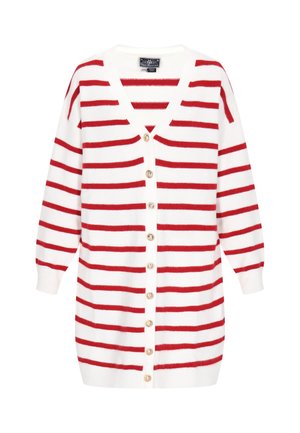 Rød- og hvidstribet cardigan, v-hals, lange ærmer, med guldtonede knapper foran og et blødt, tekstureret stof.