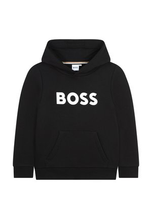 Sweatshirt à capuche noire avec une poche avant, présentant un grand logo blanc "BOSS" sur la poitrine. Fabriqué en tissu doux avec une texture lisse.