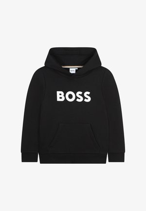 Felpa nera con cappuccio e tasca frontale, caratterizzata da un grande logo bianco "BOSS" sul petto. Realizzata in un tessuto morbido con una texture liscia.