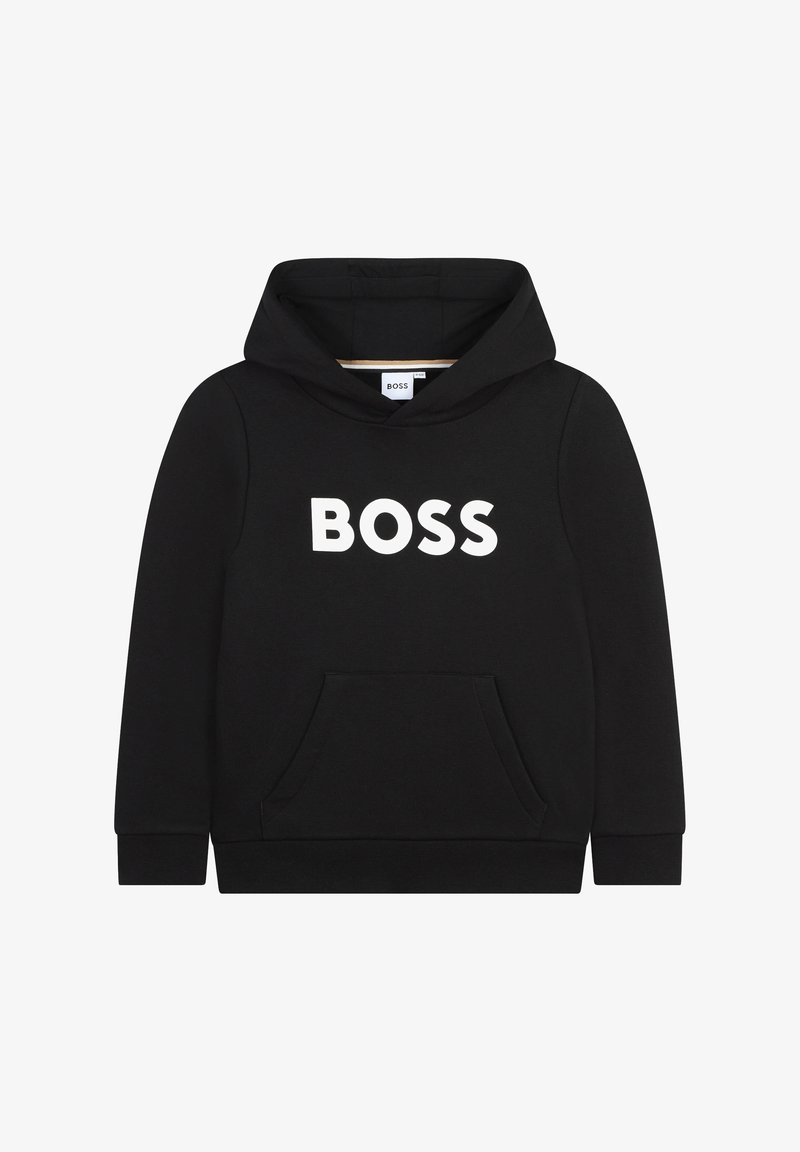Czarna bluzka z kapturem i kieszenią z przodu, z dużym białym logo "BOSS" na piersi. Wykonana z miękkiego materiału o gładkiej fakturze.