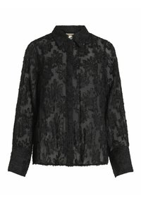 Blouse noire transparente avec motif en dentelle florale, col et boutonnage devant. Manches longues avec détails texturés et bords effilochés.