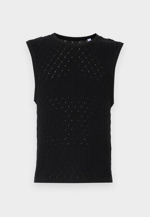 Top in maglia senza maniche di colore nero, caratterizzato da un motivo testurizzato con forme a diamante e piccoli fori. Include un collo rotondo e bordi a costine.