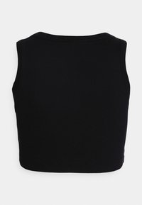 Black cropped tank top in ribbed fabric, featuring a round neckline and sleeveless design. No visible logos or embellishments.