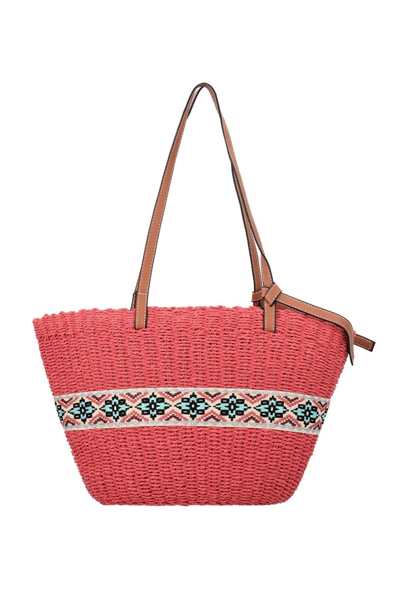 Geantă de umăr împletită din corali, cu mânere din piele maro și bandă decorativă împletită ce prezintă modele geometrice în nuanțe de albastru și crem.