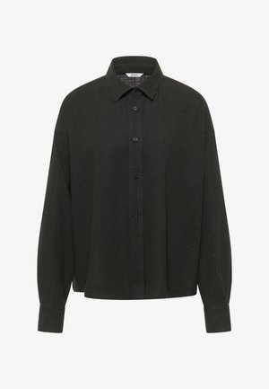 Long-sleeve black button-up shirt with collar, featuring a loose fit and visible buttons down the front.