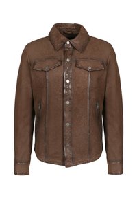 Brun l æderjakke med knaplukning, to brystlommer med klapper og trykknapper, to lynlåslommer i siderne og en klassisk krave.