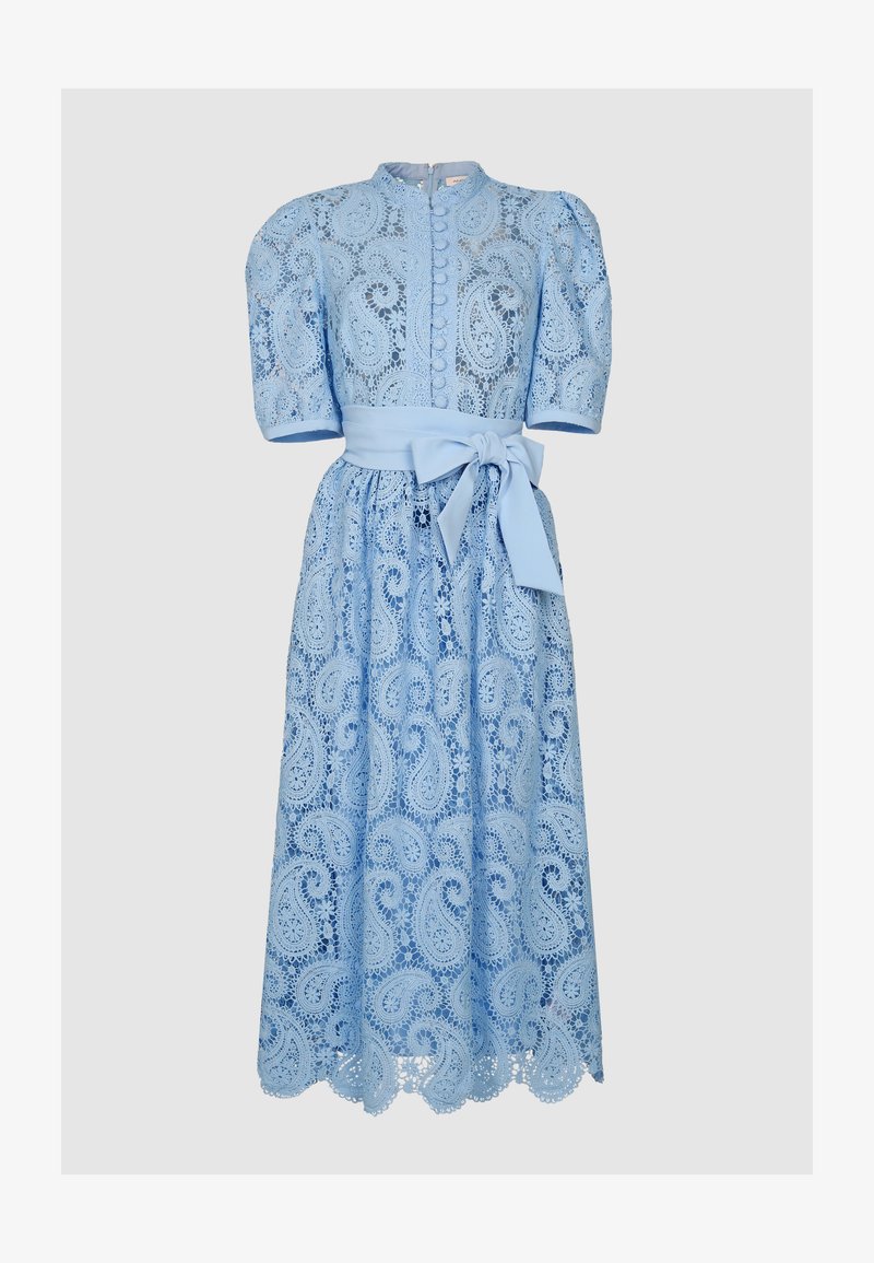 Light blue lace dress with a paisley pattern, short puff sleeves, high neck, and a waist tie, featuring a full skirt and scalloped hem.