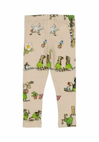 Beiga barnleggings med tecknade illustrationer av katter i gröna klänningar, hönor, fåglar, en gris och växter i en lekfull scen.