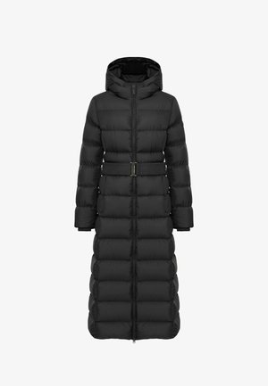 Czarna kurtka puchowa z kapturem, z paskiem w talii i wzorem pikowanym. Długie rękawy, pełny zamek błyskawiczny oraz prosty dół dodają jej struktury.