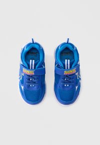 Blue mesh sneakers featuring a velcro strap, white accents, Sonic branding, and a textured rubber sole for grip.