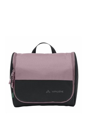 Trousse de toilette compacte mauve et noire avec deux compartiments zippés et une poignée supérieure, ornée du logo VAUDE à l'avant.