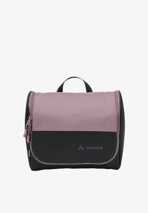 Kompakte Kulturtasche in Mauve und Schwarz mit zwei Reißverschlussfächern und einem Tragegriff oben, vorne mit VAUDE-Logo gebrandet.