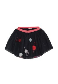 Czarna spódnica z tiulu z różowym pasem, ozdobiona czerwonymi, białymi i jasnoniebieskimi pomponami oraz błyszczącymi wzorami abstrakcyjnymi.
