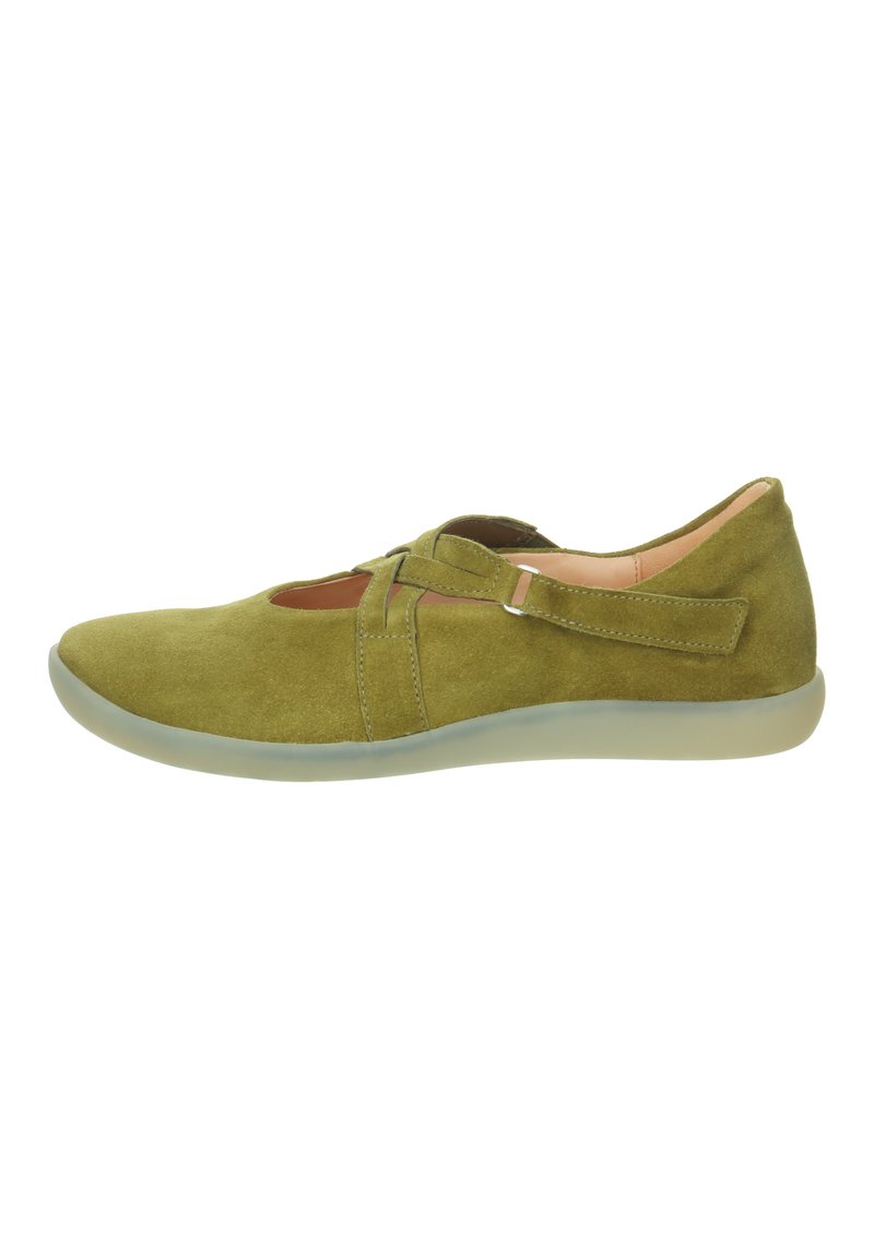 Green suede shoe with a smooth texture, featuring a cutout design, adjustable strap, and a translucent rubber sole.