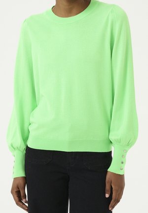 Personne portant un pull vert clair à manches longues avec des poignets boutonnés et un pantalon noir sur un fond uni.
