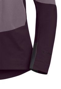 Long-sleeve outdoor jacket with a purple and gray color block design, made of lightweight material; features black logo on sleeve.