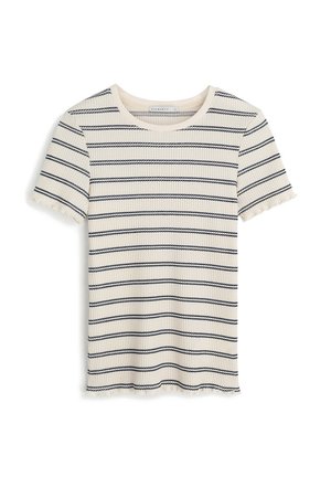 Ribbed krótki rękaw T-shirt w kolorze kremowym z granatowymi paskami. Posiada okrągły dekolt i frędzlowy dół. Miękka tekstura, casualowy design.
