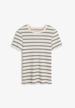 Ribbed krótki rękaw T-shirt w kolorze kremowym z granatowymi paskami. Posiada okrągły dekolt i frędzlowy dół. Miękka tekstura, casualowy design.