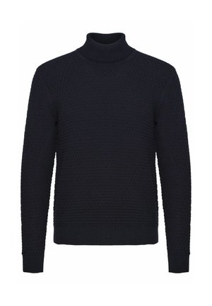 Marineblå strikket turtleneck sweater med et struktureret mønster, ribbede manchetter og kant, lange ærmer og en tætsiddende silhuet.