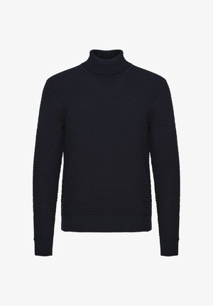 Marineblå strikket turtleneck sweater med et struktureret mønster, ribbede manchetter og kant, lange ærmer og en tætsiddende silhuet.