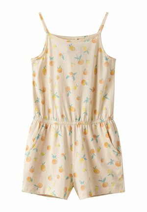 Light beige romper with orange and yellow fruit pattern, sleeveless design, elastic waistband, and two side pockets. Cotton material.
