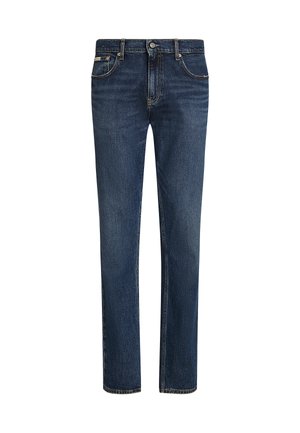 Jeans in denim blu scuro con design a gamba dritta, dotati di cinque tasche, cuciture in contrasto e chiusura classica con bottone e zip.