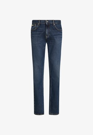 Jeans in denim blu scuro con design a gamba dritta, dotati di cinque tasche, cuciture in contrasto e chiusura classica con bottone e zip.