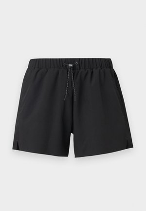 Sorte elastiske taljeshorts med justerbar snøre, sidelommer og små sidelommer ved kanten mod en hvid baggrund.