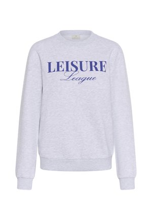 Sudadera de cuello redondo de color gris claro con mangas largas y texto azul "LEISURE League" en el frente.