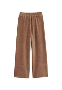 Pantaloni larghi in corduroy marroni con una superficie testurizzata a coste e una vita elastica per il massimo comfort.
