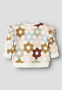 Sweat-shirt multicolore pour tout-petit avec un motif floral hexagonal en rose, bleu, marron et crème. Présente des manches à volants et des poignets côtelés.