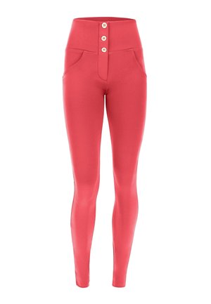 Korkeavyötäröiset korallinpunaiset legginssit, joissa on kolme etunappia ja kaksi etutaskua, kapealahkeiset ja nilkkaan venyvät.