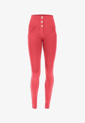 Korkeavyötäröiset korallinpunaiset legginssit, joissa on kolme etunappia ja kaksi etutaskua, kapealahkeiset ja nilkkaan venyvät.