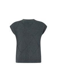 Maglione grigio a maglia con maniche corte, caratterizzato da un motivo a rombi e orlo a coste. Design con collo alto.