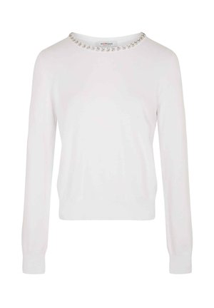 White sweater with long sleeves, round neckline adorned with beaded accents, and a fitted bottom hem. Soft texture and simple design.