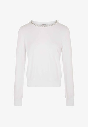 Witte trui met lange mouwen, ronde halslijn versierd met parelaccenten en een aansluitende onderrand. Zachte textuur en eenvoudig ontwerp.