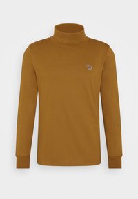 Braunes Langarm-Turtleneck-Shirt aus weichem Material, mit einem kleinen, gestickten Design auf der Brust und eng anliegendem Bündchen.